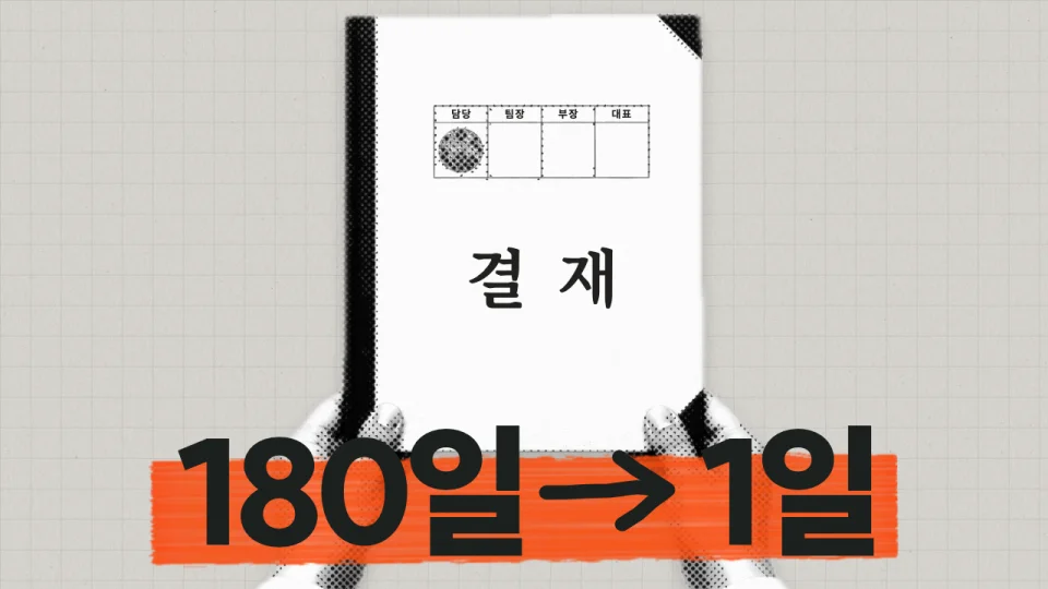 직원이 두 손으로 내민 결재판과 ‘180일 → 1일’ 문구. 결재 칸 네 개 중 담당 칸에만 도장이 찍혀 있다